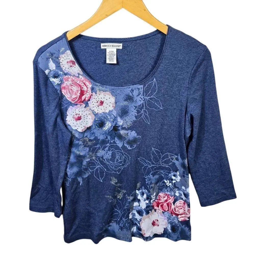 Rebecca Malone Blue Top with Pink and White Floral Design